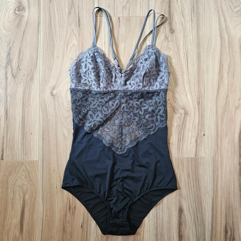 Aerie Black & Grey Lace Teddy Bodysuit Size S